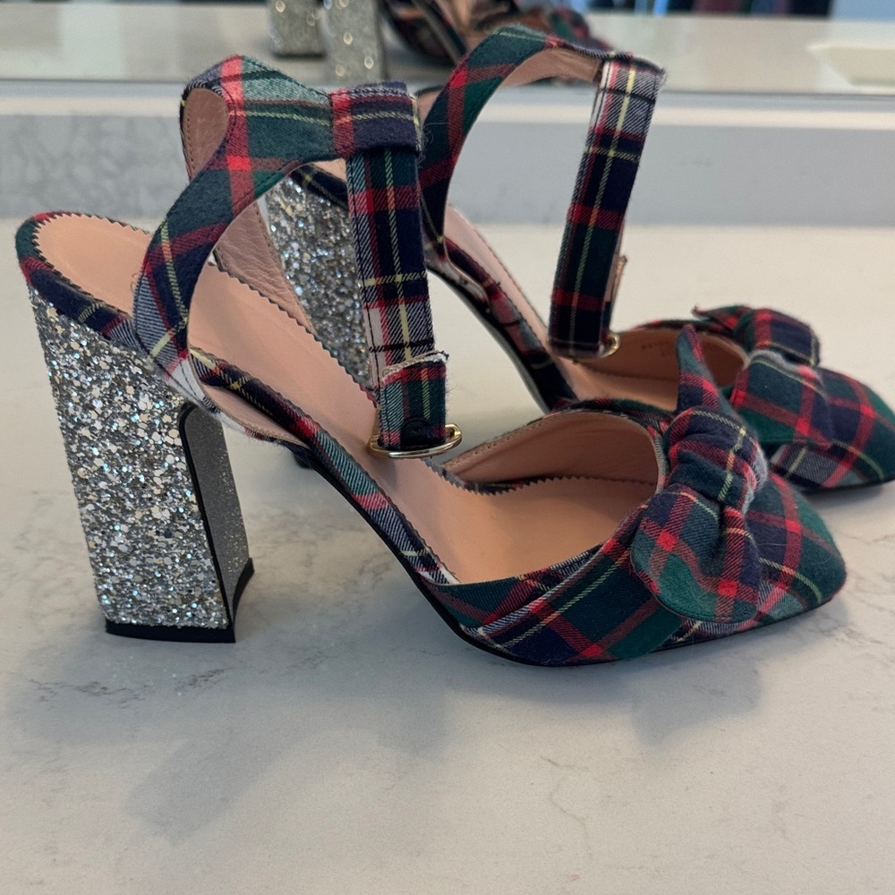 J. Crew Plaid Bow Heels, silver Glitter heel, size 8, 4”heel - Picture 3 of 10